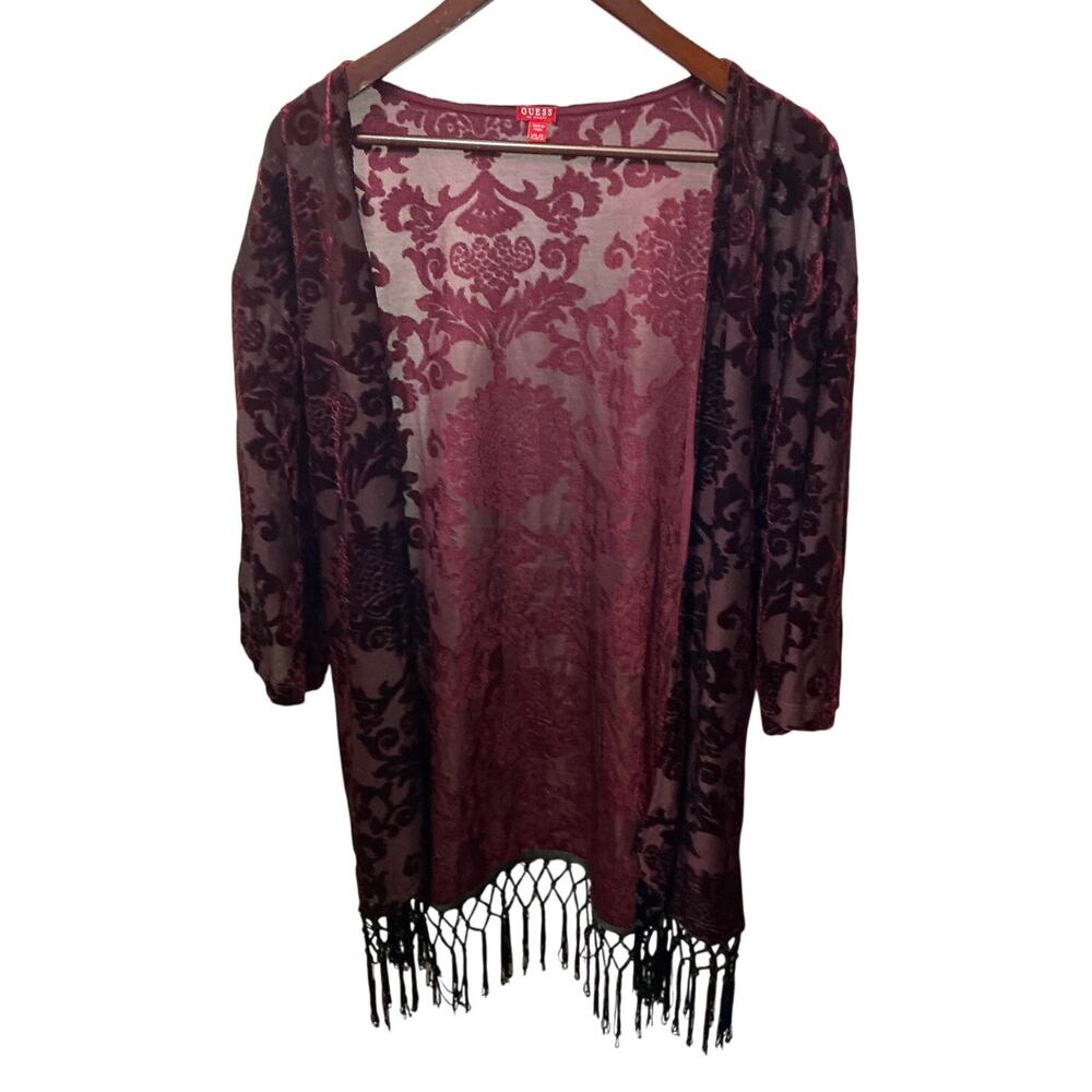 Guess | Deep Red Burnout Velvet Black Fringe Drop Sleeve Kimono | Small